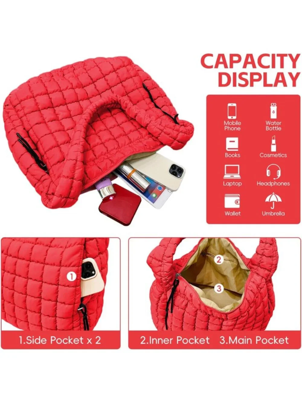 Lightweight Quilted Puffer Tote Bag | Stylish Hobo for Work, Gym & Travel